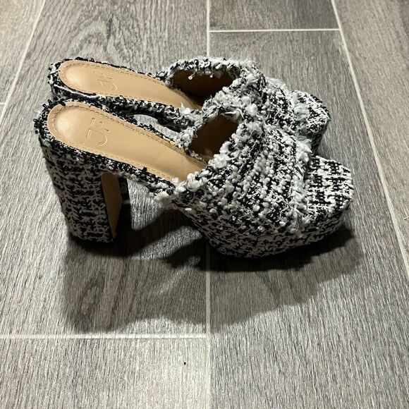 Women's JF London Black & White Tweed Open Toe Platform Heather Throwback Heels - Picture 4 of 9